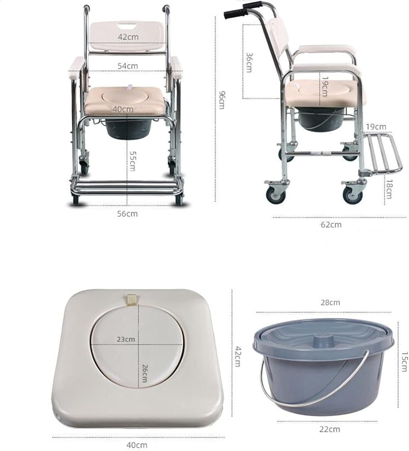 KOHARA 3-in-1 Commode Chair with Arms, Toilet Wheelchair Toilet Wheelchair for Elderly and, Bathroom Shower Chair with Wheels and Built in Toilet Toilet Chair