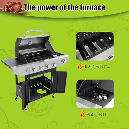 4 Burner Gas Grill with Side Burner, Stainless Steel Propane Grill 46700 BTU Output, Gas BBQ Grill Built in Thermometer, Cabinet Style, Ideal For Outdoor Patio Garden Picnic Backyard Cooking