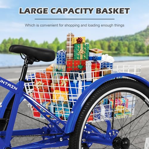 Vanell Adults Mountain Tricycles, 7-Speed 3-Wheeled Mountain Bikes 24/26/27.5inch & Basket, Front Suspension, Disc Brakes for Safe & Fast Braking