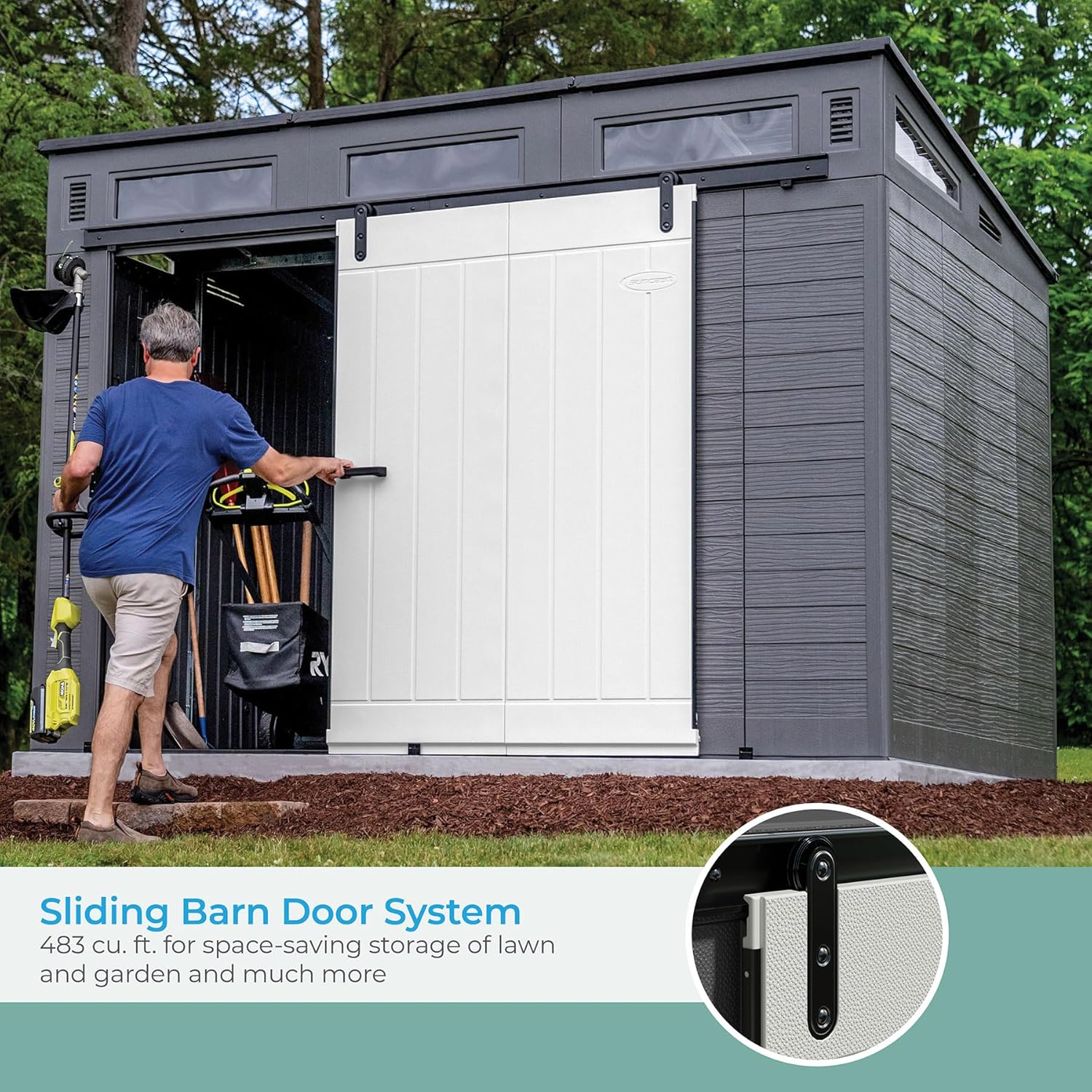 Suncast Modernist 10 Foot by 7 Foot Outdoor Plastic Storage Shed with Pad Lockable Sliding Barn Door for Outdoor Storage Items, Gray and Black