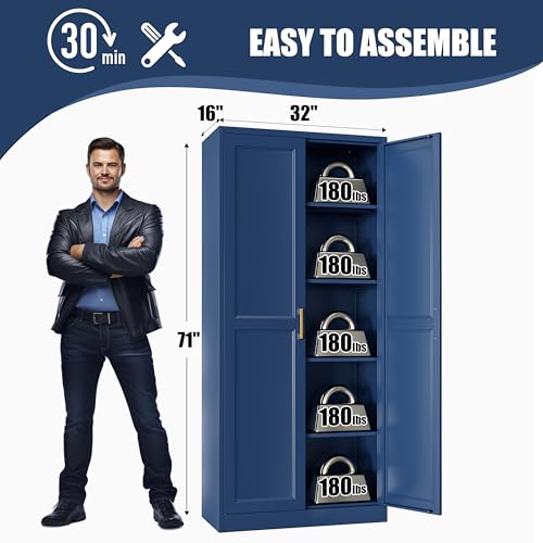71" Tall Metal Storage Cabinet, Kitchen Pantry Storage Cabinets with Doors and 4 Shelves, White Pantry Cabinet, Utility Kitchen Cupboard, Large Steel Cabinets for Dining Room, Office, Living Room