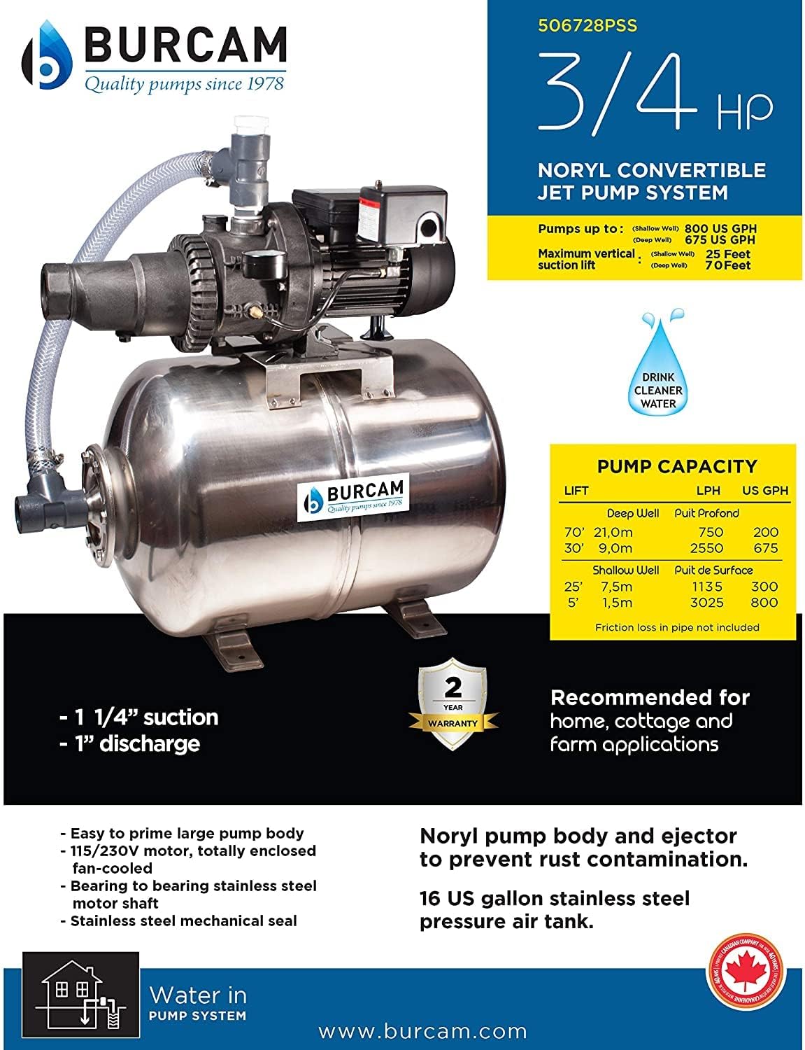 B BURCAM QUALITY PUMPS SINCE 1978 506728PSSZ 3/4HP Noryl Convertible Jet Pump System, Thermoplastic