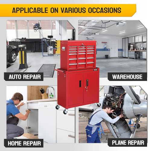 TUFFIOM 5-Drawer Rolling Tool Chest Storage Cabinet w/Drawers, Wheels, Detachable Top & Adjustable Shelf, Mechanic Tool Organizer Box for Garage, Workshop, Warehouse & Repair Shop, Red & Black