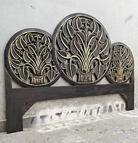 Hand Caved Half Moon King Engineered Wood Headboard Black Gold Antique Headboard Wall Mount Bed Headboard (Queen- 63x45x1 -inches)