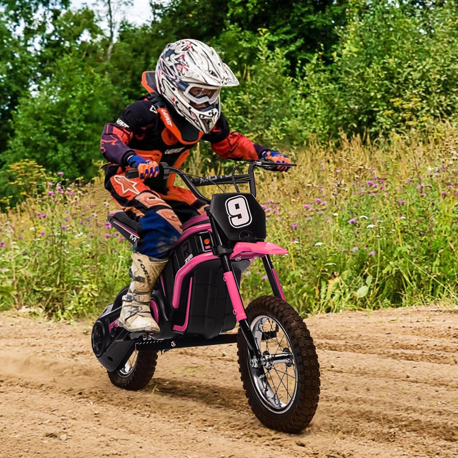 24V Ride On Motorcycle Dirt Bike, Dirt Rocket Electric-Powered Dirt Bike with Authentic Motocross Dirt Bike Geometry, Rear-Wheel Drive, High-Torque, Chain-Driven Motor, for Kids 13+ (Pink)