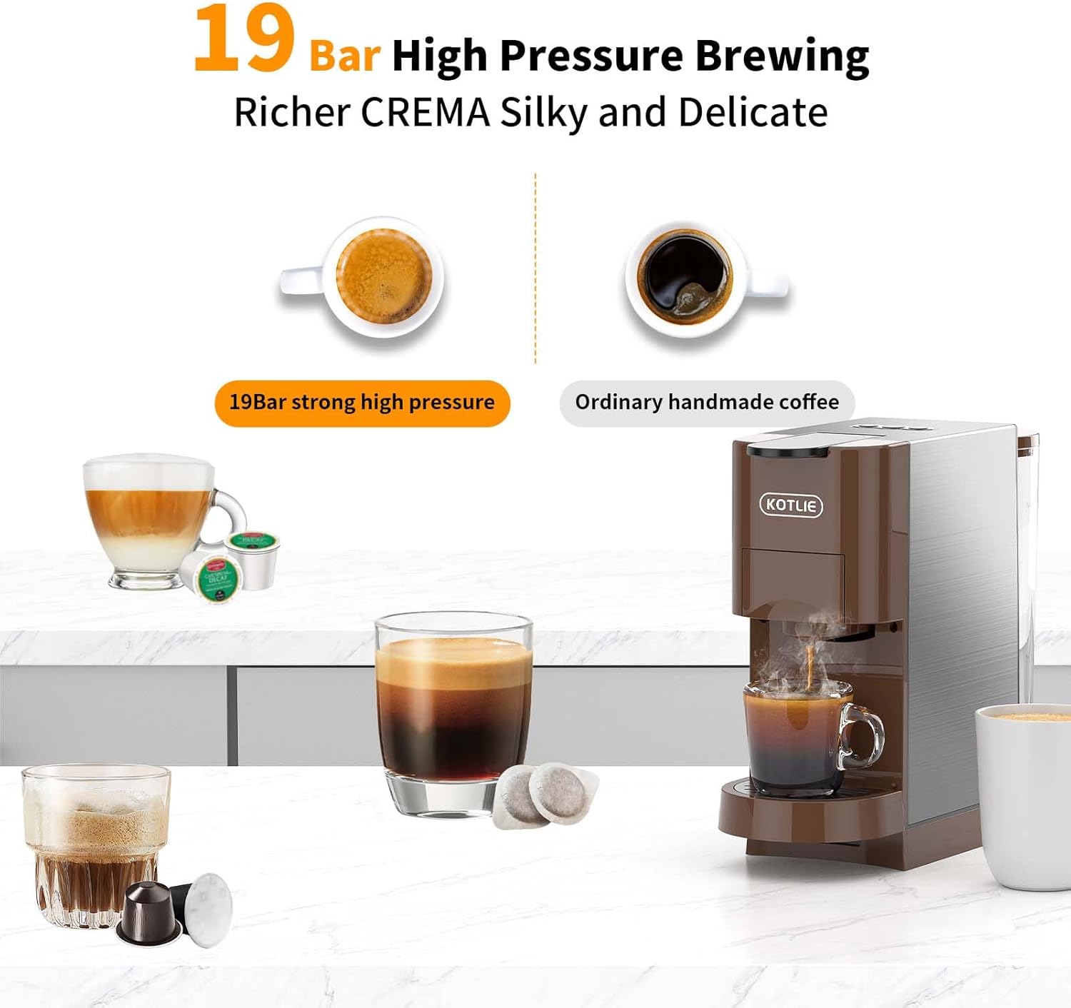 KOTLIE Multifunctional 4in1 Espresso Machine, 19Bar Pressure Single Serve Coffee Maker for Nespresso Original Capsule/Kcup Capsule/L’OR Capsule/illy 44mm ESE coffee bag/Ground Coffee