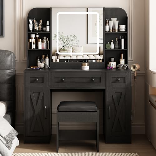Vabches Makeup Vanity Desk, Vanity Mirror with Lights Desk and Chair,Makeup Table with 3 Large Drawers and 2 Cabinets, Time and Temperature Display, 3 LED Lighting Modes Adjustable, White