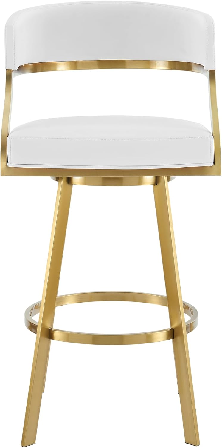 Armen Living Saturn 30" Swivel Bar Stool with Gold Brushed Stainless Steel and White Faux Leather
