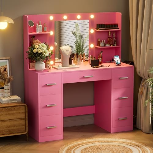 Vanity Desk with LED Lighted Mirror&Power Outlet, 3 Model Lights Makeup Vanity Table with 7 Drawers and 6 Storage Shelves for Bedroom and Dressing Room (Black)
