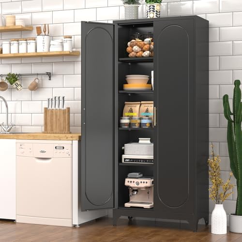 Metal Storage Cabinet with Doors and Shelves, 71 Inch Tall Kitchen Pantry Cabinet, Pantry Cabinets for Kitchen Storage, Freestanding Cupboard for Living, Dining Room, White, Assembly Required