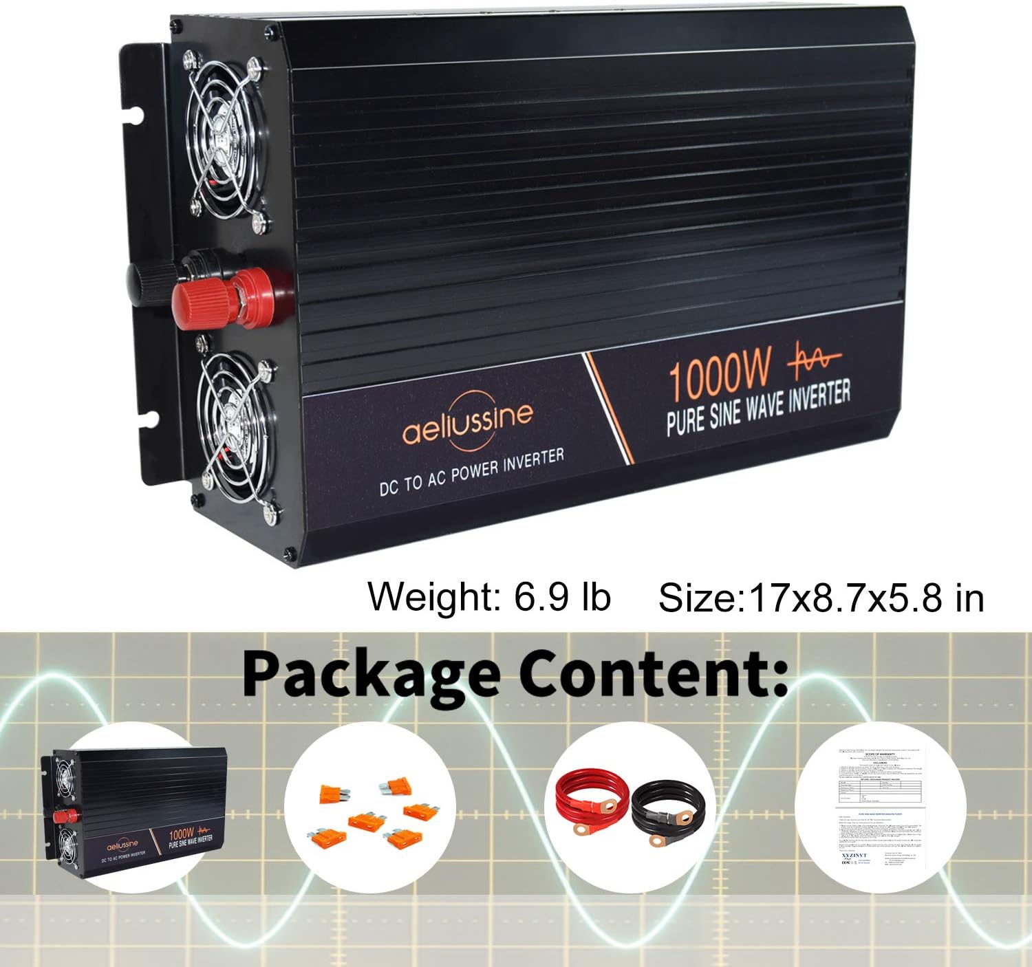 aeliussine Power Inverter 2000W Pure Sine Wave Inverter 12v DC to AC 120v Peak 4000 Watt Converter with LCD Display USB Charge Port for Car RV Boat Solar Power System.
