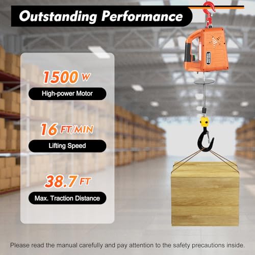 Portable Electric Hoist Winch 440Lbs 3-in-1 Electric Winch with Manual, Wire and Wireless Remote Control 1500W 110V Electric Hoist Lifting Speed: 5m(16ft)/min (440Lbs)