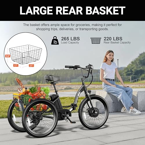 ANCHEER Electric Tricycle for Adults, 350W(Peak 550W) Etrike, 48V/499Wh Ebike, 24" Folding 3 Wheel Electric Trike, 15.5MPH & 55Miles Electric Bike, Rear Differential, Rear Basket