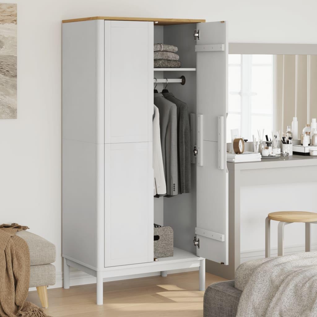 vidaXL Wardrobe Floro - Solid Pine Wood, White Finish, 30.3"x20.9"x67.3", Spacious Storage with Clothes Rail and Practical Doors
