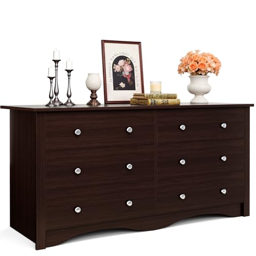 JUMMICO Dresser for Bedroom, 6 Wood Dresser Drawers, Wide Chest of Drawers, Storage Tower Unit, Modern Design for Bedroom, Living Room, Hallway, Entryway (Dark Brown)
