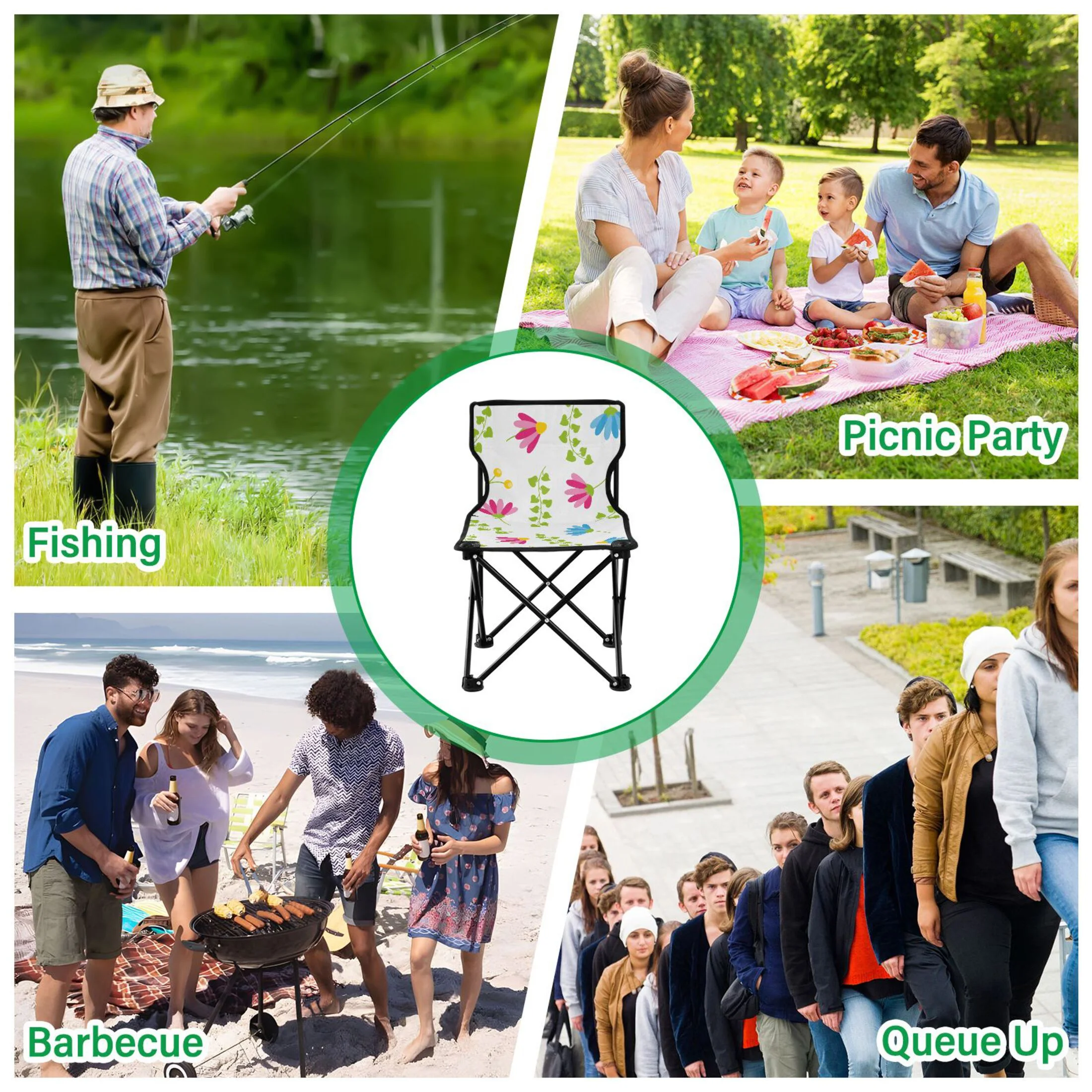 Pink Floral Green Leaves Portable Camping Chair Outdoor Folding Beach Chair Fishing Chair Lawn Chair with Carry Bag Support to 220LBS