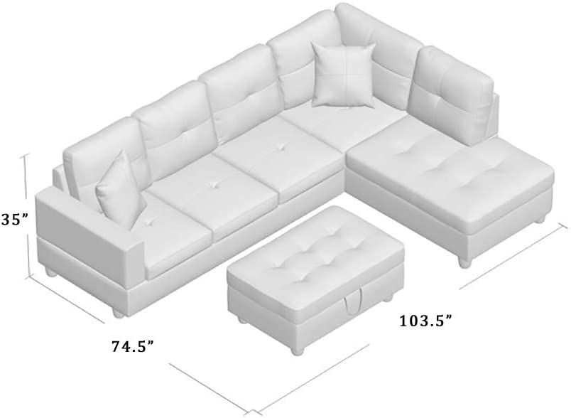 3 PCS L-Shaped Sectional Couch Sofa Set, Linen Fabric Living Room Set with Storage Ottoman and Match Pillows (Left Hand Facing, Grey White)