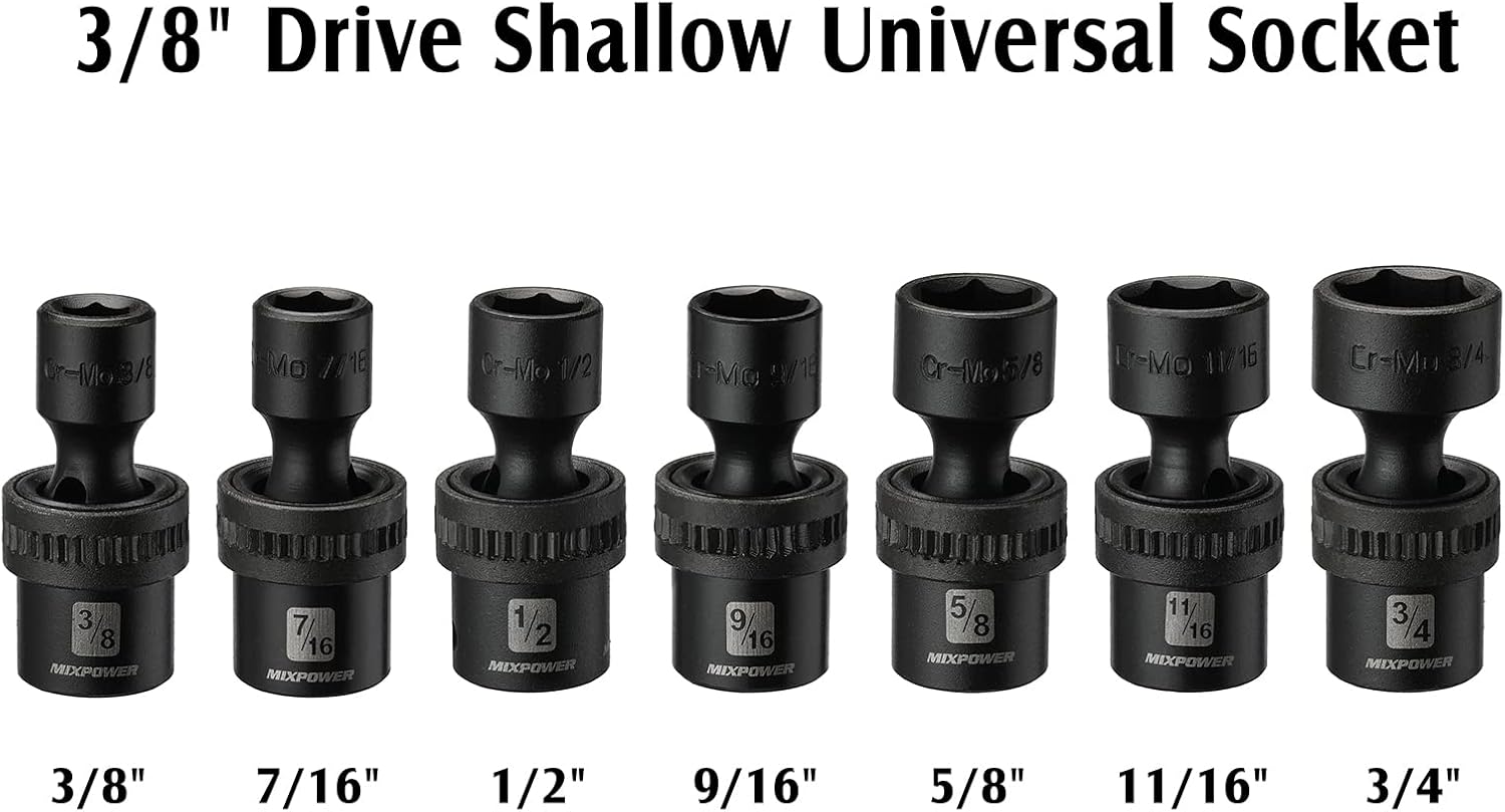 MIXPOWER 10-piece 3/8" Drive Shallow Universal Impact Socket Set, Metric,10-19mm, Swivel Socket with Flexible Wobble, CR-MO