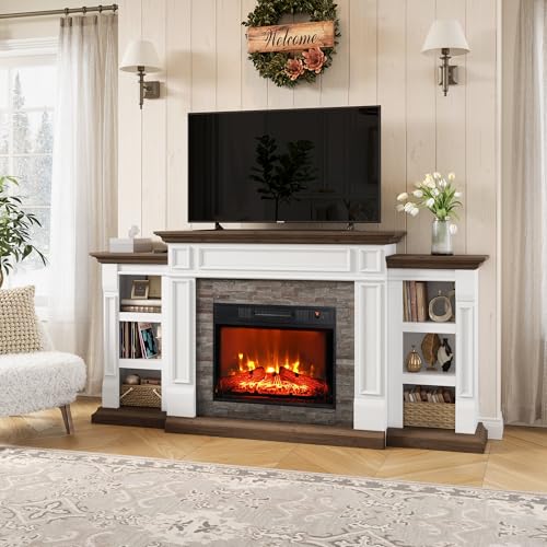 70" Electric Fireplace with Mantel, Fireplace TV Stand for TVs Up to 80 Inch, Farmhouse Entertainment Center with Storage, Realistic Stacked Stone Surround with Remote Control for Living Room,Bedroom