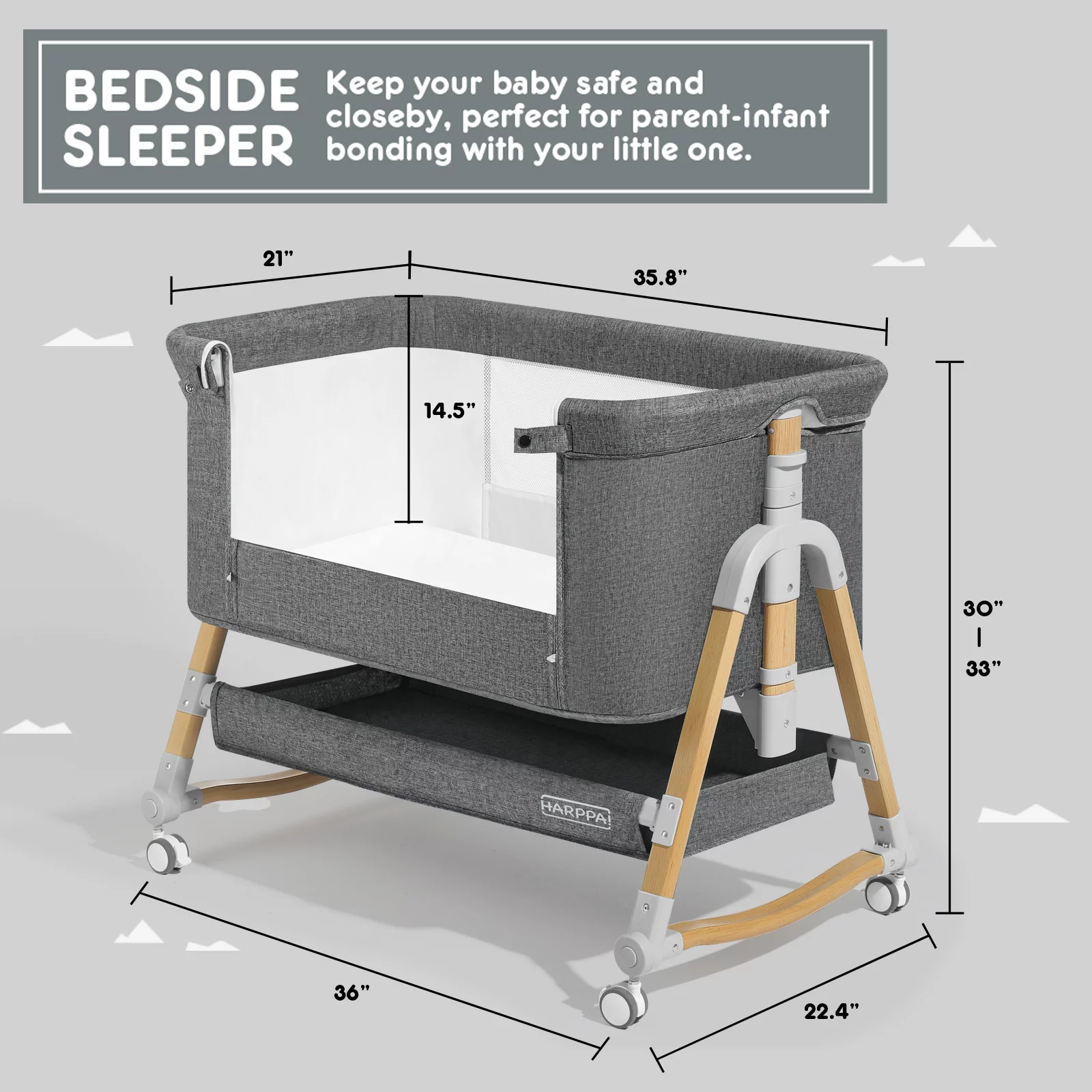 HARPPA 4 in 1 Baby Bassinet, Height Adjustable, Easy Folding, Gray