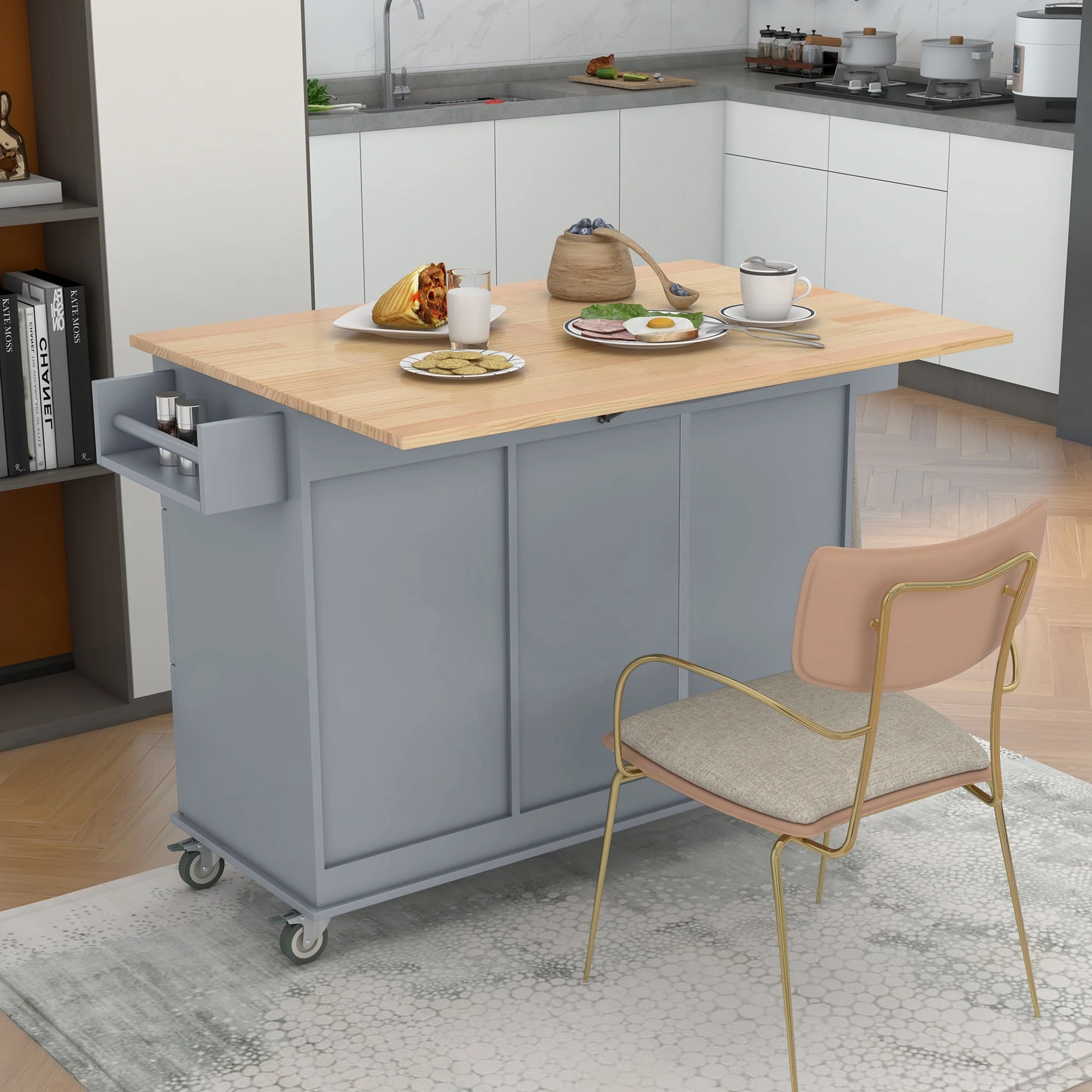 CHURANTY Kitchen Island Cart with Drop Leaf Breakfast Bar Wood Top, Rolling Kitchen Cart with Storage Drawes and Towel Rack Doors,Blue