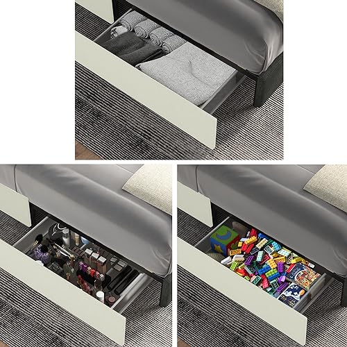 Queen Size Linen Upholstered Platform Bed Frame with 4 Storage Drawers and Wingback Headboard, Wooden Slat Mattress Support, No Box Spring Needed, Grey