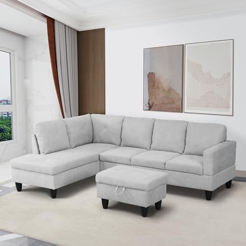Modern L Shaped Sectional Sofa with Storage Ottoman, Chaise Lounge, Microfiber Cushions, Corner Couch for Living Room, Apartment, Beige