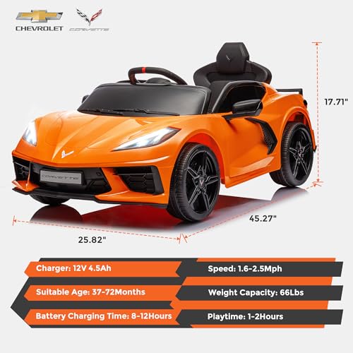 Licensed Chevrolet Corvette C8 12V Kids Electric Car Ride on Car with Remote Control Battery Powered Sports Car, 3 Speeds, Bluetooth, Shiny Dashboard, MP3 & LED Head Lights