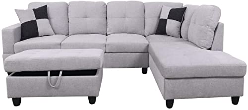 3 PCS L-Shaped Sectional Couch Sofa Set, Linen Fabric Living Room Set with Storage Ottoman and Match Pillows (Left Hand Facing, Grey White)