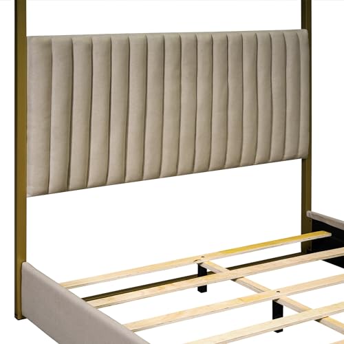 SOFTSEA Upholstery Canopy Platform Bed with Headboard and Metal Frame, Queen Size 4-Poster Canopy Floor Bed Frame for Kids Teens Bedroom, No Box Spring Needed, Beige
