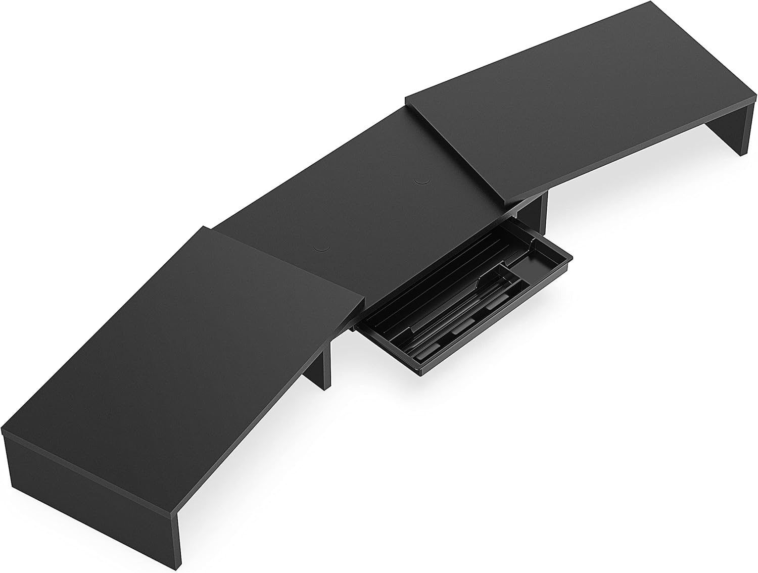 FITUEYES Dual Monitor Stand &ndash; 3 Shelf Computer Monitor Riser, Wood Desktop Stand with Adjustable Length and Angle, Desk Accessories, Office Supplies Medium Black, with Storage Drawer