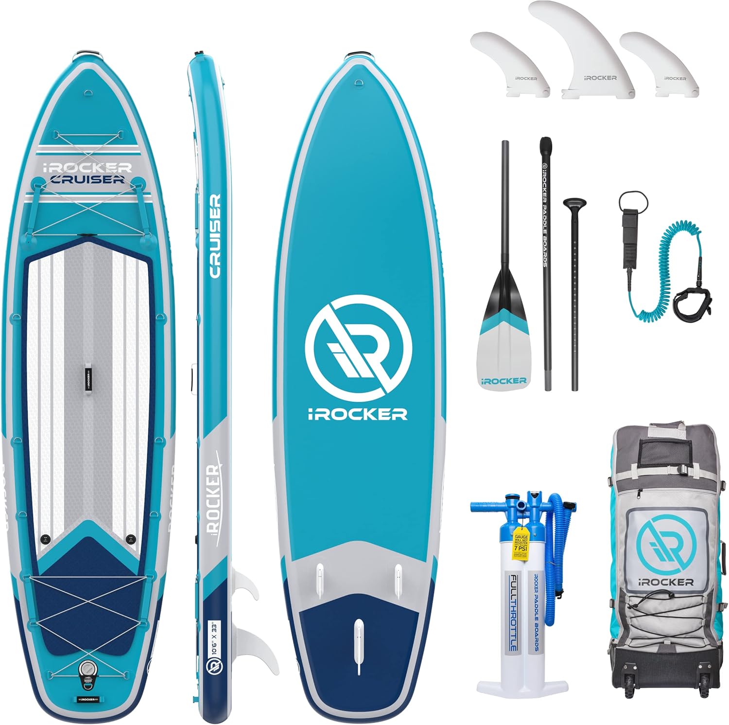 iROCKER Cruiser Inflatable Stand Up Paddle Board, Extremely Stable 10'6 Long 33 Wide 6 Thick Premium SUP with Roller Bag, Carbon Paddle, Pump, Leash, Fins & Repair Kit