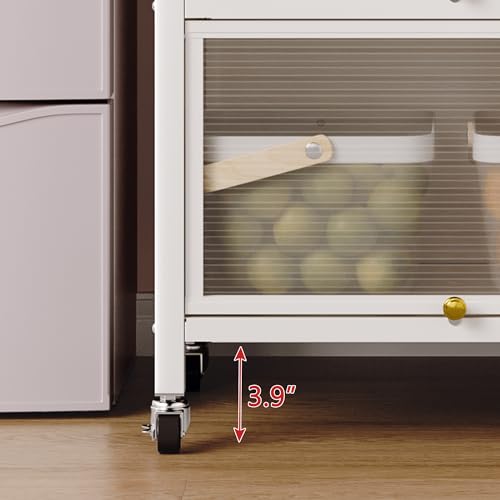 Kitchen Bakers Rack, Microwave Cabinet Metal Shelving Unit with Wheels, Microwave Cart with Storage and Doors, for Kitchen Garage Coffee Bar, White