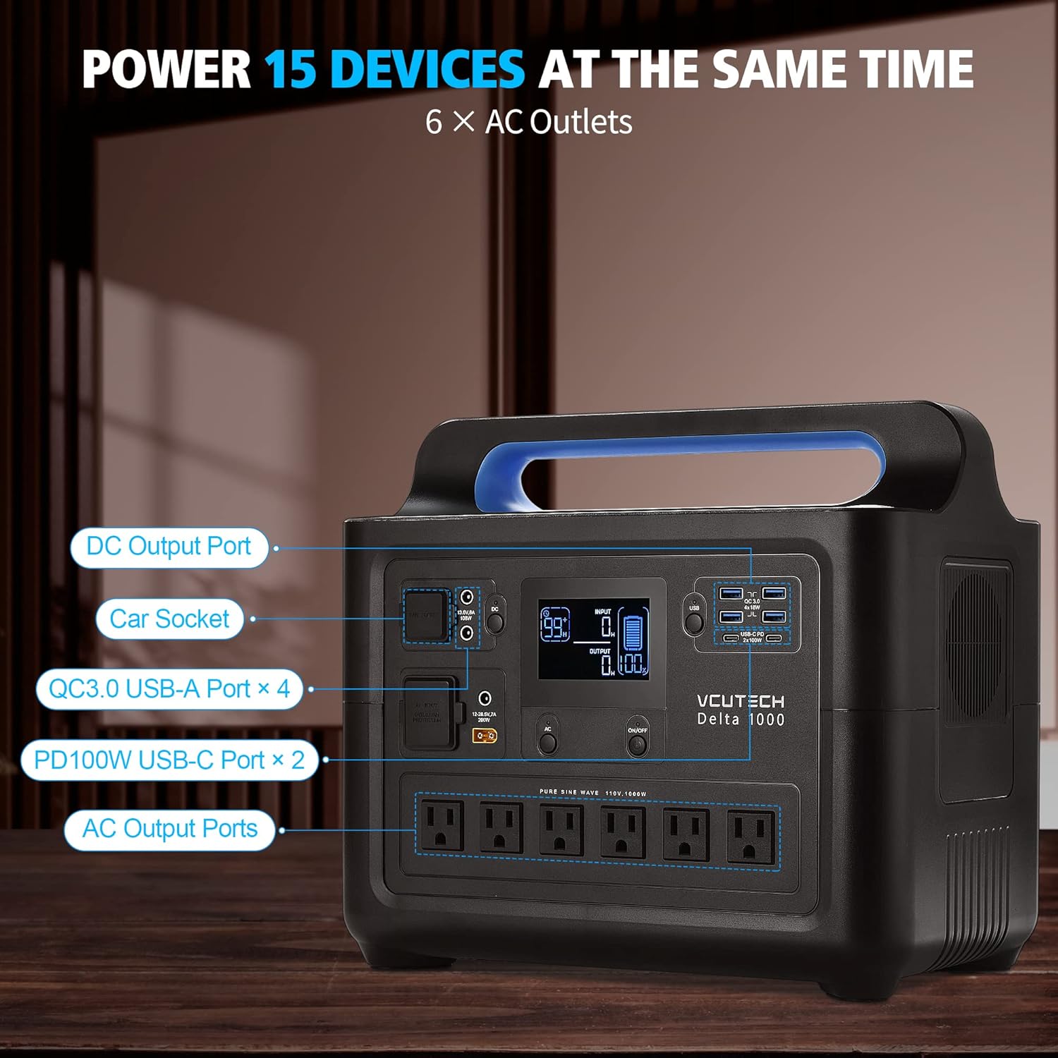 Portable Power Station 1000W, 1228WH Capacity LiFePO4 Battery, Support Up to 15 Device, Power Equipment, Solar Generator Charge 0-90% In 2 Hours, Backup Battery Power Supply Kit for Outdoors, Camping, Travel, Off-Grid, Emergency by VCUTECH