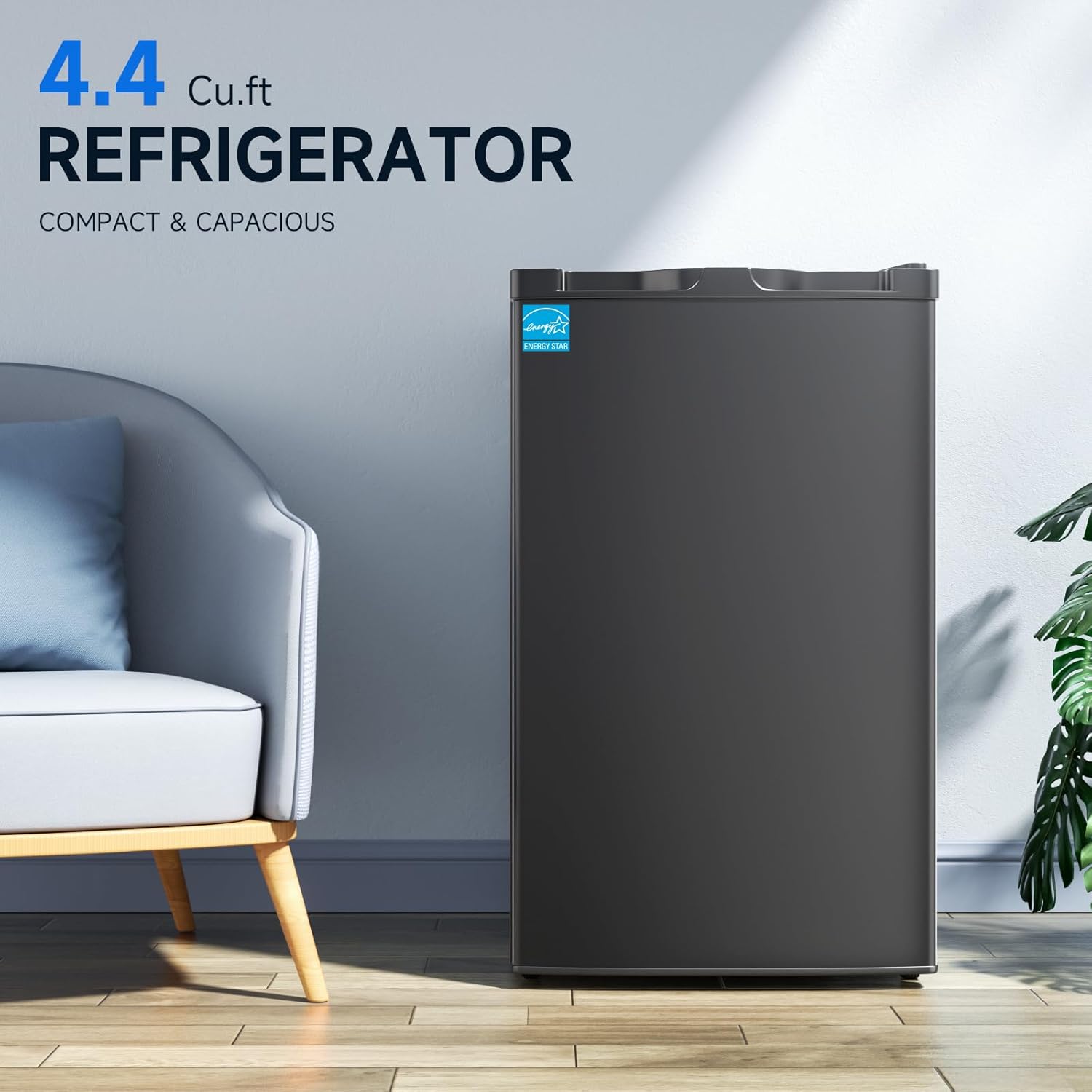 Mini Fridge with Freezer 4.4 Cu.Ft, Single Door Small Refrigerator 5 Settings Adjustable Thermostat, Energy-efficient,Single Door, Low Noise,Compact Refrigerator for Dorm, Office, Bedroom