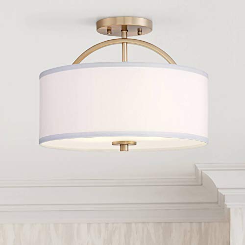 Possini Euro Design Halsted Modern Industrial Close to Ceiling Light Semi Flush Mount Fixture 15" Wide Warm Brass Gold White Linen Drum Shade for Bedroom Kitchen Living Room Hallway Bathroom