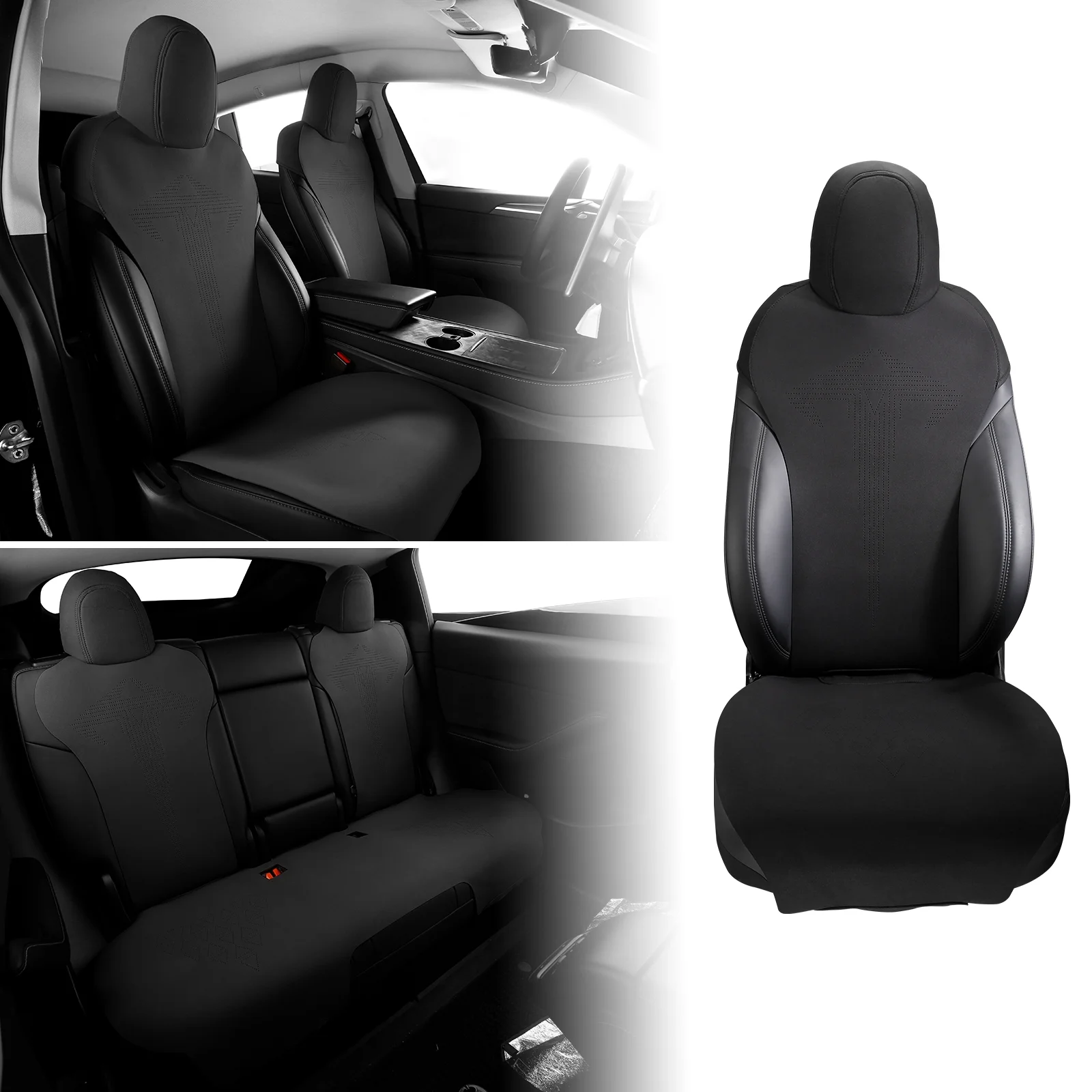 Ikon Motorsports Seat Cover Cushions Compatible With 2017-2023 Tesla Model 3, V1 Style Black Suede Leather 1st 2nd Row 5-Seat Seat Cover Cushion Protectors