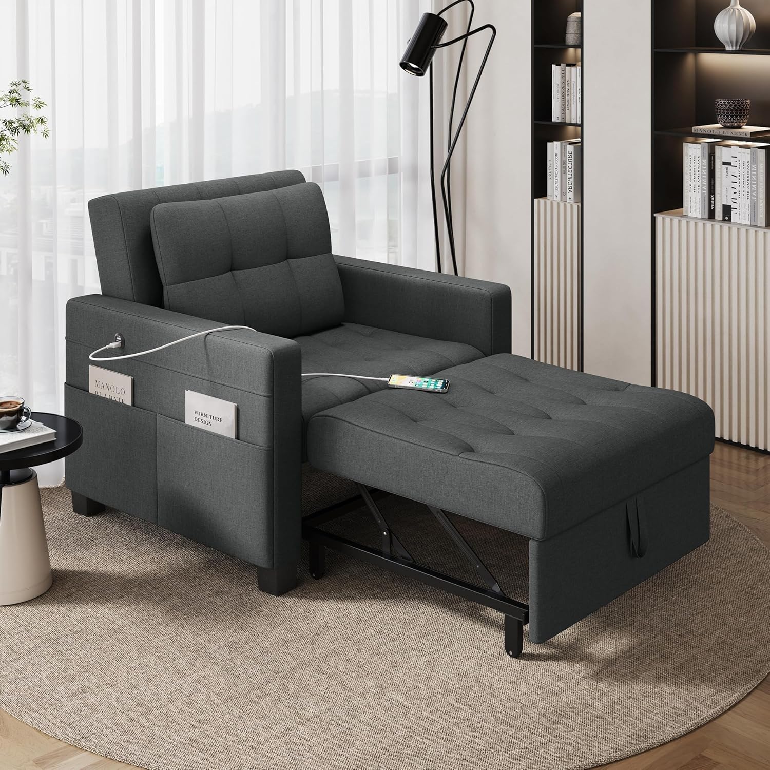 Yaheetech Convertible Chair Bed Fabric Futon Sofa Chair 3-in-1 Sleeper Chair Adjustable Armchair Sleeper with 2 USB Ports for Living Room Limited Space Office Apartment, Dark Gray