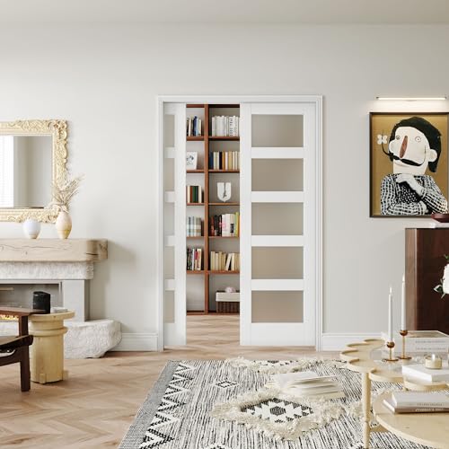 Double Sliding Pocket Door 60"（30" x2） x 80" - 5 Lites Tempered Frosted Glass Panels, Interior & Closet Single Door Slab, White Primed - Panel Assembly (Needed without Hardware Kit