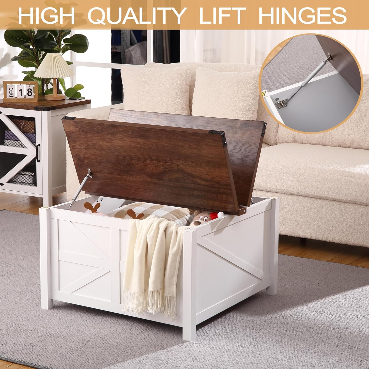 Farmhouse Square Coffee Table, Wood Center Table with Large Hidden Storage Compartment for Living Room, Rustic Cocktail Table with Hinged Lift Top for Living Room,Home Office