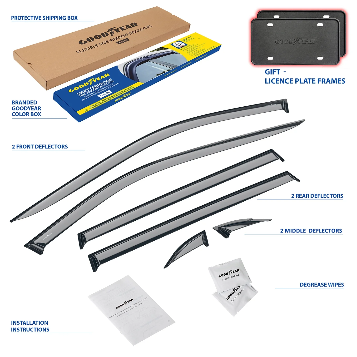 Goodyear Shatterproof Window Deflectors for Toyota RAV4 2019-2024, Tape-on Rain Guards, Window Visors, Vent Deflector Visor, Car Accessories, 6 pcs. - GY008719