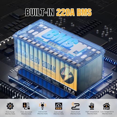 12V 200Ah LiFePO4 Battery, Built-in 200A BMS, 15000 Deep Cycles, 2560Wh,Low Temp Protection Lithium Iron Phosphate Battery for Home Energy, RV, Trolling Motor, Marine, Solar, Off-Grid