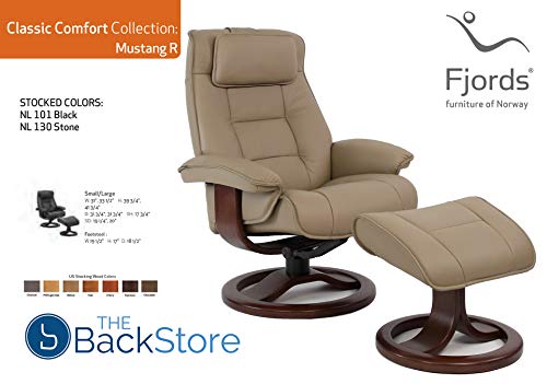 Large Ergonomic Recliner Chair with Ottoman in Stone NL 130 Nordic Line Leather with a Teak Wood Stain Base