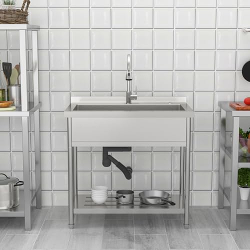 Lordear Stainless Steel Utility Sink 24 Inch - 24"x21" Freestanding Stainless Steel Kitchen Sink Single Bowl Commercial and Residential Use for Laundry Room Garage Outdoor and Kitchen