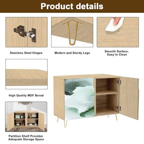 Mid Century Sideboard Buffet Kitchen Storage Cabinet with 2 Doors Realistic Marble Gold White Texture Seamless Abstract Cupboard Console Table Bar Cabinet for Dining Room Hallway