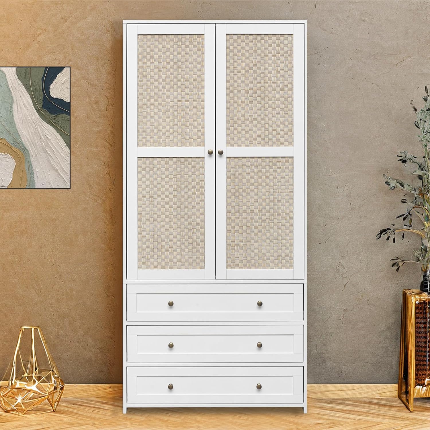 Bedroom Armoire Wardrobe Closet with Rattan Door, Bedroom Armoire Cabinet with Hanging Rod and 3 Drawer,Wooden Tall Wardrobe Cabinet Closet for Bedroom