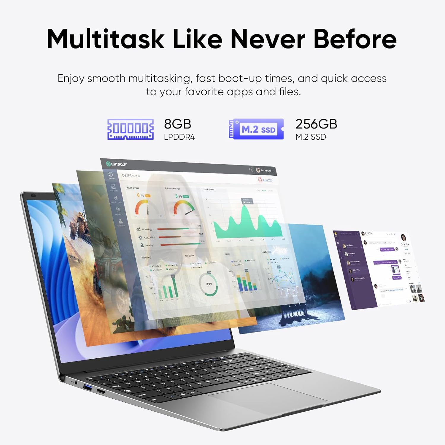 15.6" Windows 11 Pro Laptop, MS Office 2024, 8GB RAM 256GB Storage, Intel Celeron N4000(up to 2.6GHz) 100% sRGB Screen, 2.4G/5G Dual Band WiFi, BT4.2, USB-A, Long Battery Life, Silver