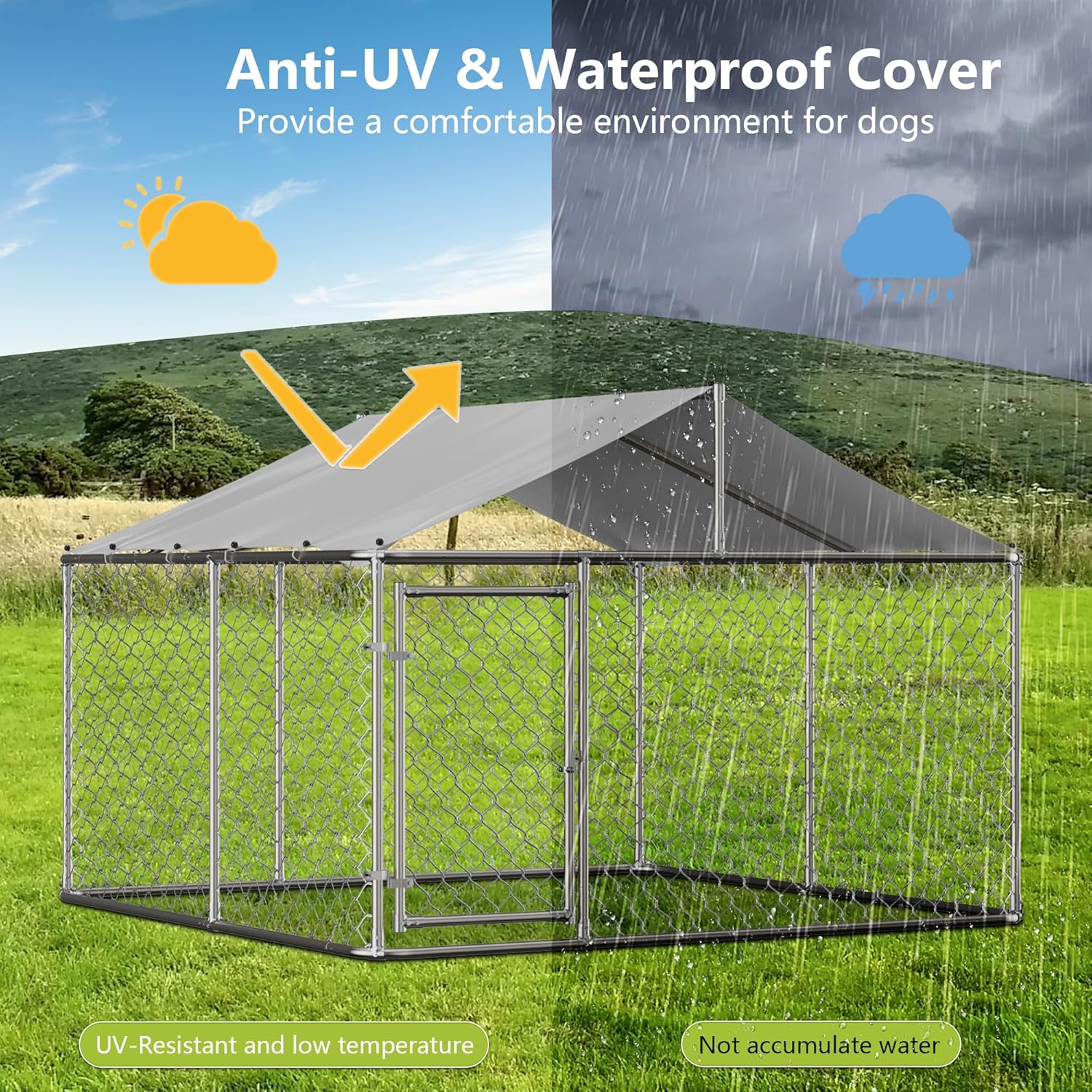 GNIXUU 7.5' x 7.5' Large Outdoor Dog Kennel, Heavy Duty Outdoor Fence Dog Cage with WaterProof UV-Resistant Cover, Galvanized Chain Link Dog Playpen House with Secure Lock for Backyard, Farm