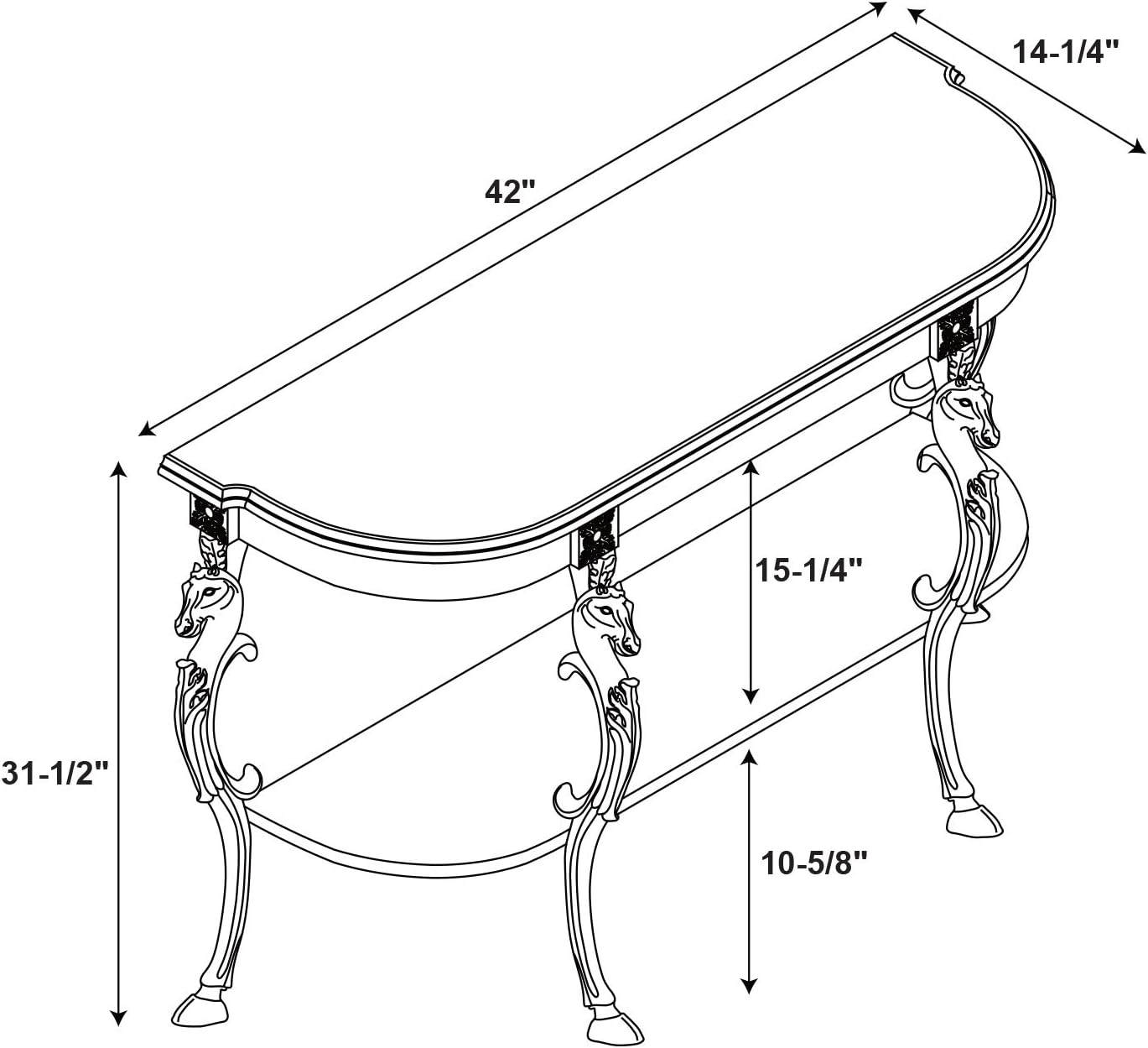 Powell Masterpiece Floral Demilune Console Table with Horse Head and Hoofed-Foot Cast Legs and Display Shelf