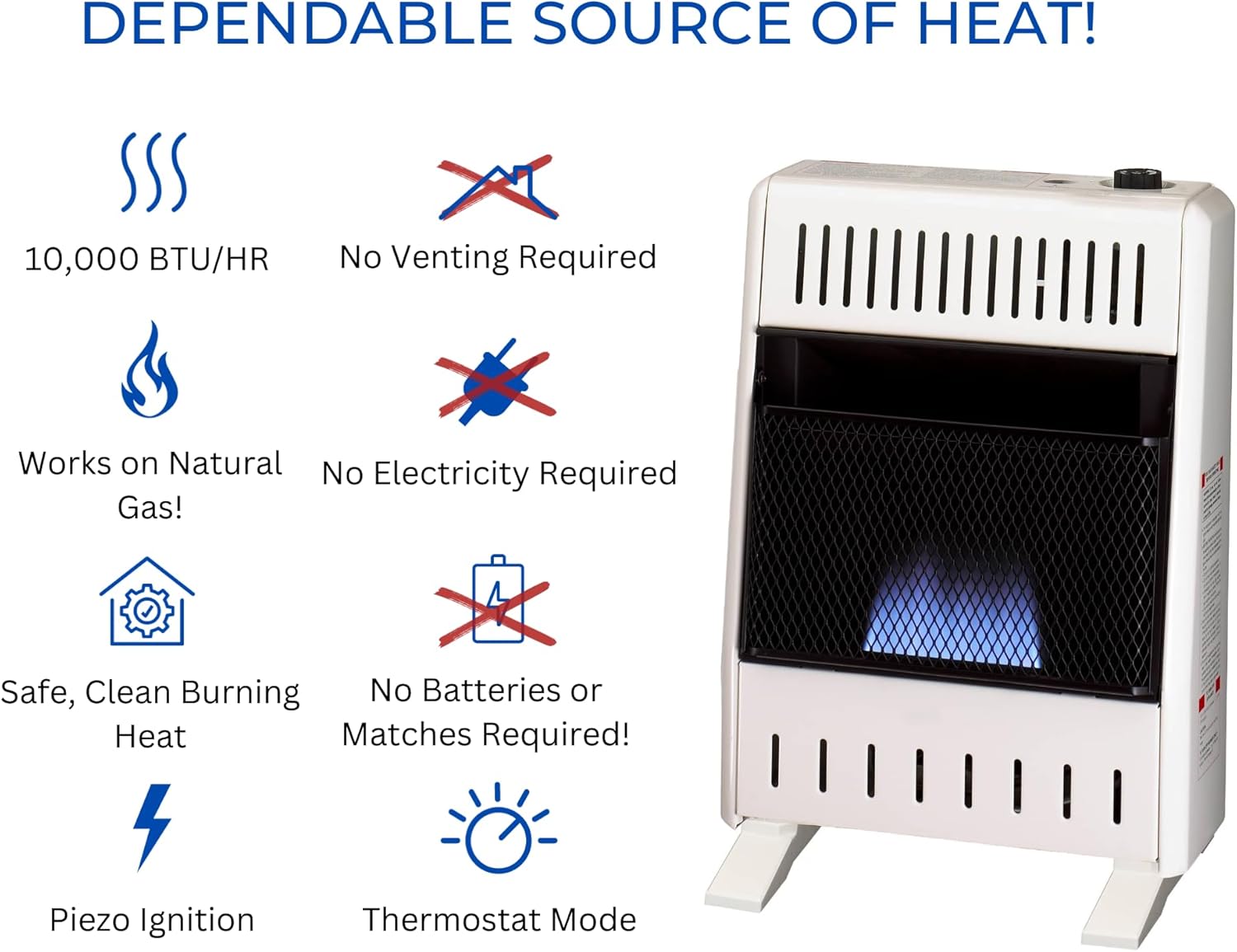 ProCom MN100TBA-B Ventless Natural Gas Blue Flame Space Heater with Thermostat Control for Home and Office Use, 10000 BTU, Heats Up to 500 Sq. Ft., Includes Wall Mount and Base Feet, White
